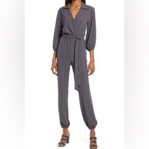 Fraiche by J Tie Waist Long Sleeve Jumpsuit in Charcoal